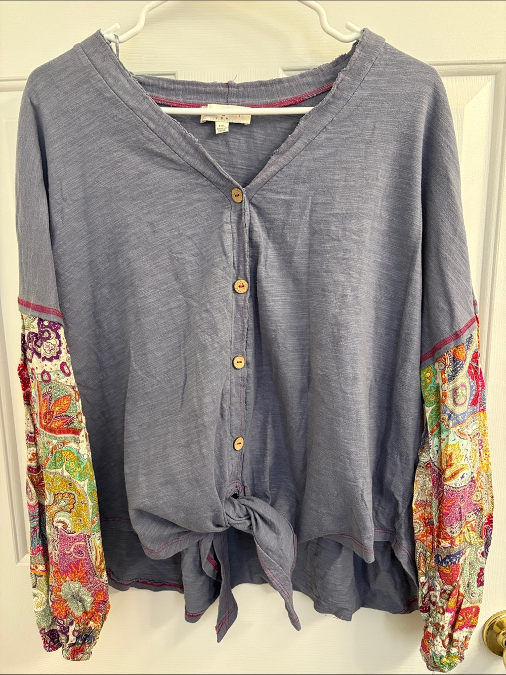 Umgee Dusty Blue Button-Front V-Neck Top with Multicolor Printed Sleeves